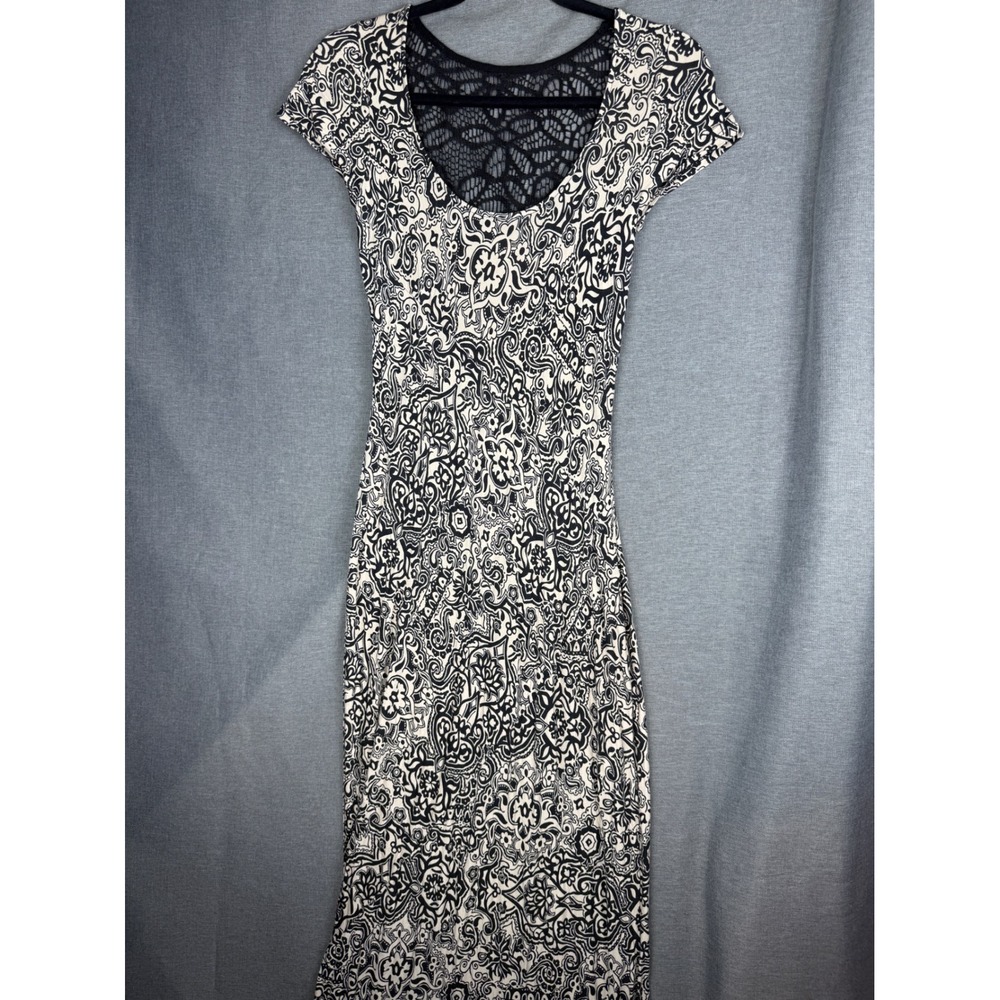 Weston USA Womens Small Black Cream Paisley Lace Back Maxi Dress Short Sleeve